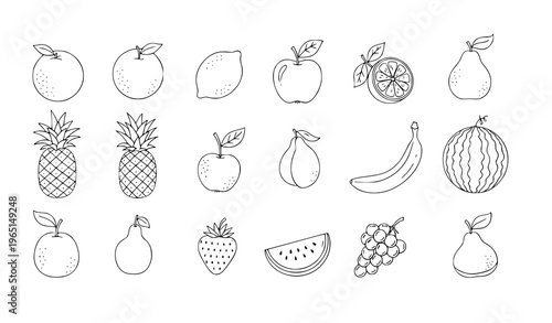 Doodle fruit icon set with tropical citrus apple and organic vegan food hand drawn vector collection