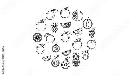 Minimalist fruit line icons with citrus lemon orange and organic vegan food outline vector collection