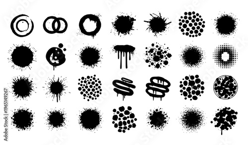Spray paint grunge textures with splatter circles dirty dots and brush strokes street art vector set