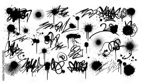 Graffiti spray splatter lines with abstract paint dots and urban grunge texture vector collection