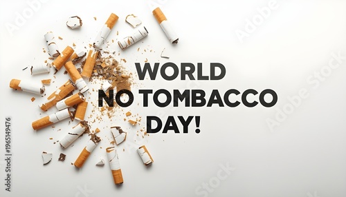 A pile of broken cigarettes on a white background with the words World No Tobacco Day