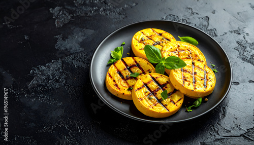 Grilled squash  yellow  slices with visible grill marks on dark background. Healthy cooked vegetable dish perfect for vegetarian cuisine and healthy lifestyle concept.