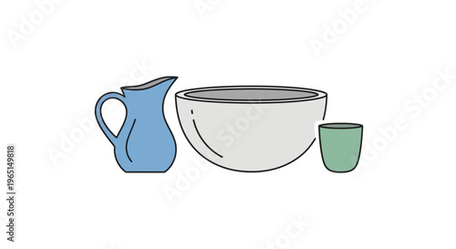 A blue pitcher, a large white bowl, and a green cup, representing liquids and containers for drinks or food preparation
