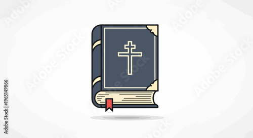 Stylized vector illustration of an ancient religious book with a prominent cross symbol on its cover and a visible bookmark, symbolizing faith, spirituality, and timeless knowledge