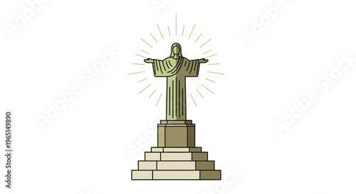 Stylized illustration of a majestic monument with outstretched arms, symbolizing peace and welcome, radiating light, an iconic spiritual landmark representing hope and serenity