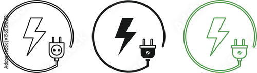 Electricity silhouette icons of plug and lightning bolt in circle