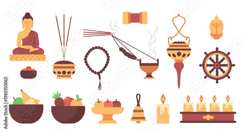 Collection of Traditional Buddhist Ritual Items and Spiritual Offerings for Meditation and Worship, Illustrating Ancient Eastern Culture and Practices on a Clean White Background