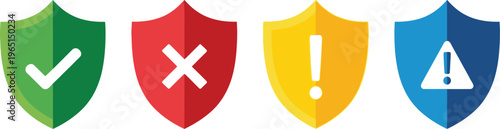 Shield icons in green red yellow and blue with silhouette symbols