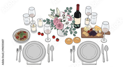Elegant Dinner Table Setting for Two with Wine, Cheese, and Flowers