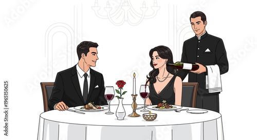 Elegant Couple Dining at Restaurant, Waiter Serving Wine