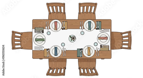 Elegant Dining Table Setting for Six with White Tablecloth and Wooden Chairs