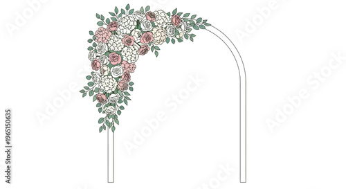 Wedding Arch Floral Arrangement with Roses and Greenery on White Background