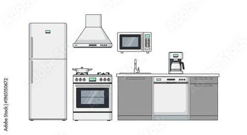 Modern Kitchen Appliances Illustration: Refrigerator, Stove, Microwave, Dishwasher, and Coffee Maker