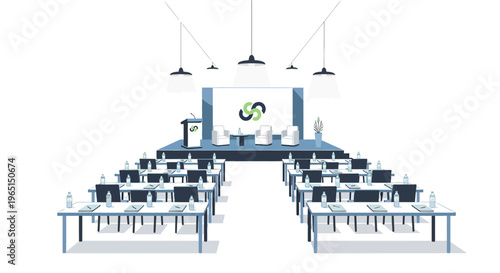 Modern Conference Hall Interior with Stage, Seating Arrangement, and Presentation Setup