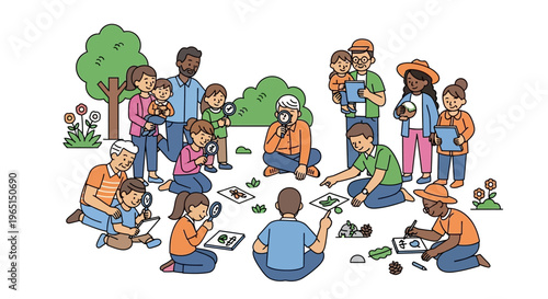 Diverse Families Learning Nature Outdoors with Magnifying Glasses and Art Supplies