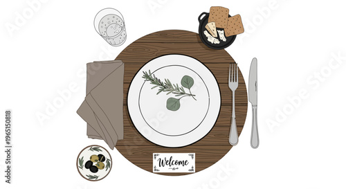 Elegant Table Setting: Plate, Cutlery, Napkin, Olives, Crackers, Rosemary Garnish