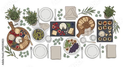 Elegant Top-Down View of a Festive Charcuterie and Cheese Board Spread