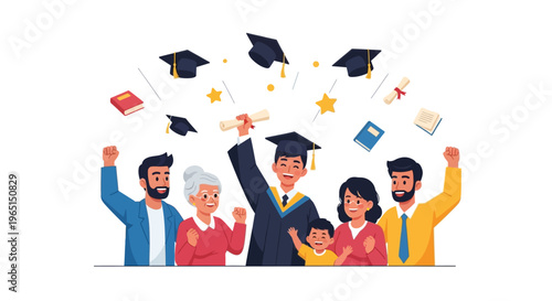 Graduation Celebration: Happy Family and Student with Diplomas and Caps