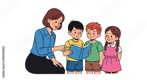 Teacher Reading Book to Young Children in Classroom, Education Concept