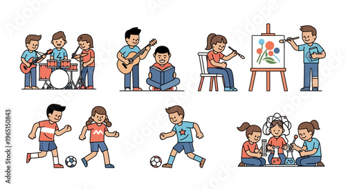 Children's Creative Activities: Music, Art, Reading, Sports, Science - Vector Illustration