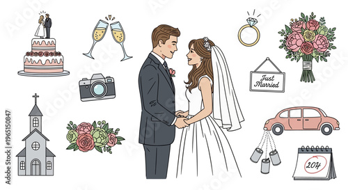 Wedding Day Couple, Cake, Flowers, Church, Car & Champagne Toast Icons Set