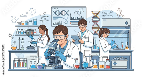 Diverse scientists collaborating in a modern laboratory, conducting research and experiments with microscopes and DNA.