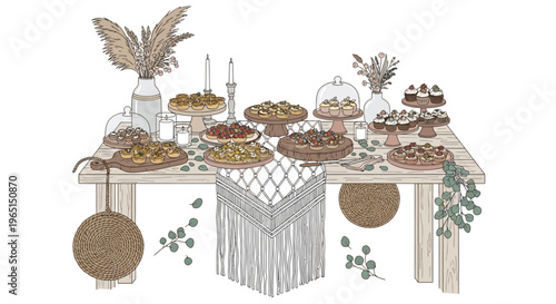 Bohemian Dessert Table Display with Cakes, Pies, and Floral Arrangements