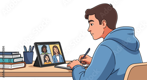 Student learning online via video call on tablet, taking notes at desk