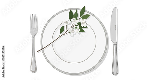 Elegant White Plate, Fork, and Knife with Blossom Branch - Table Setting