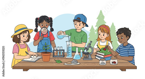 Diverse kids conduct science experiment outdoors, learning about nature and biology