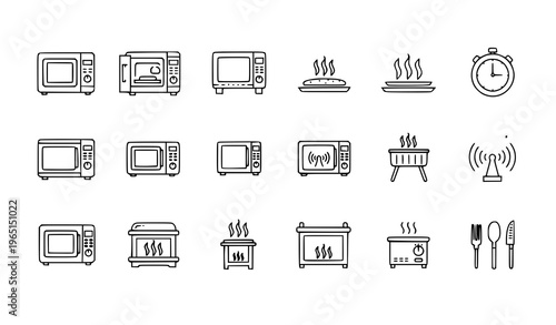 Microwave outline icons set with kitchen appliance heating cooking timer and food reheating symbols for web