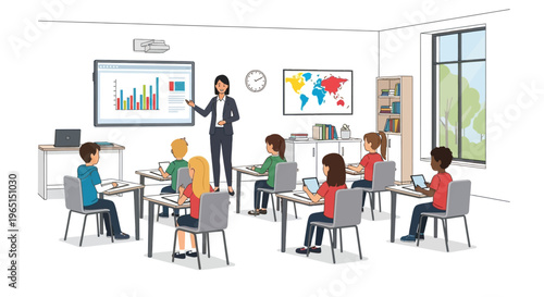 Diverse students learning in modern classroom with interactive whiteboard and tablets