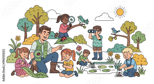 Children Explore Nature with Teacher, Discovering Insects and Birds