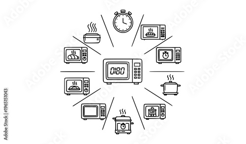 Modern microwave icons collection in circular layout with kitchen appliance cooking heating and timer symbols