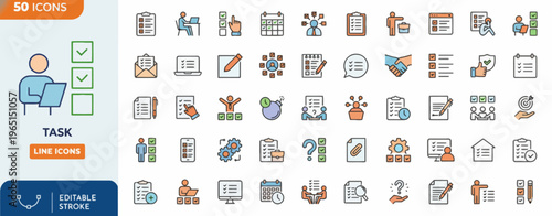 Collection of business and task management icons in flat design vector illustration