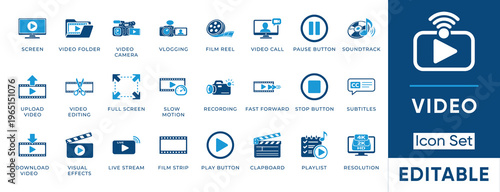 Editable video and multimedia vector icon set featuring film reel, vlogging camera, video editing, live stream, and clapboard symbols.