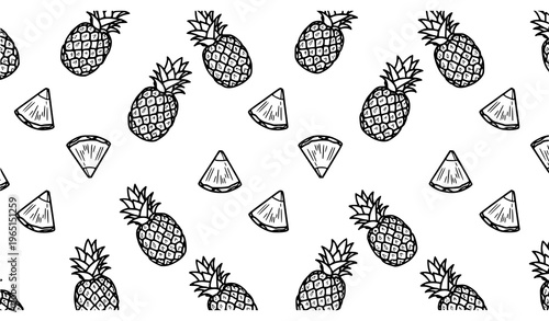 Modern pineapple seamless pattern with sliced and whole tropical fruit in diagonal repeat for surface design