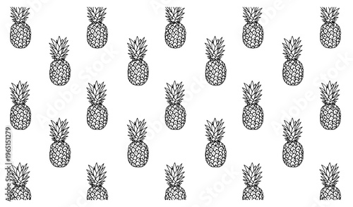 Pineapple seamless pattern with minimal outline tropical fruit repeat design on white background