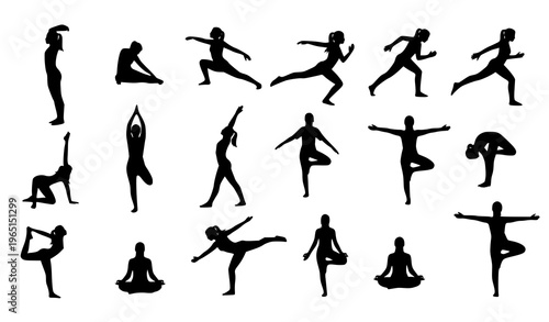Minimal woman silhouette poses set with yoga fitness and active female body shapes isolated on white