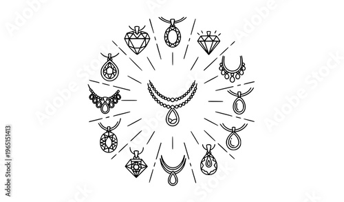Modern pendant diamond jewelry icons collection in circular layout with luxury necklace and gemstone designs