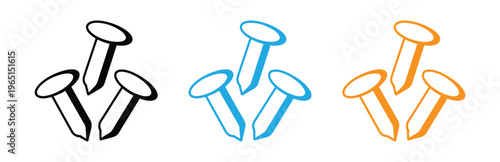 Three colored push pin icons in black blue and orange on white background Vector illustration