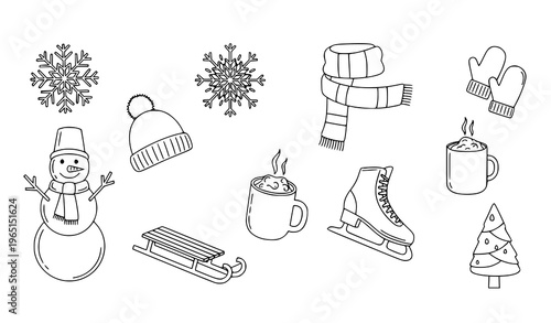 Minimal winter outline icons set with snowman snowflake clothing and cold weather symbols isolated on white