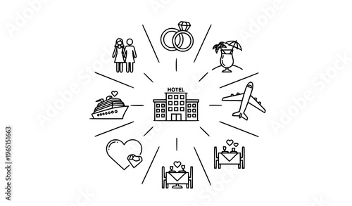 Modern honeymoon icons collection in circular layout with romantic travel wedding beach and vacation symbols