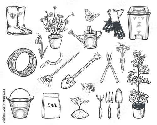 Garden tools set: shovel, rake, trowel, gloves, watering can, shears, soil bag, sickle, bucket, trash bin, seedling, tree sapling, rubber hose and boots, lines, hand-drawn, black and white, engraving