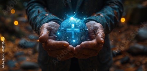 Hands holding a glowing blue sphere with a plus symbol, surrounded by bokeh light