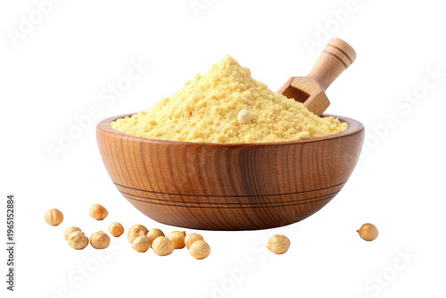 Wooden bowl filled with yellow protein powder and chickpeas, suggesting a healthy, plant-based dietary supplement.