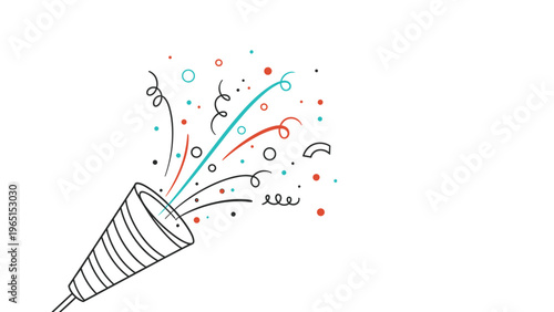 Delicate thin line party popper exploding with wavy streamers and colorful dots for a subtle and elegant celebration design.