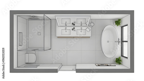 Modern luxury bathroom interior plan, shower, vanity, bathtub placement, 3D architectural layout, home design, blueprint visualization