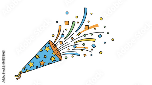 Bright blue party popper decorated with yellow stars exploding with colorful ribbons and confetti for a joyful celebration.