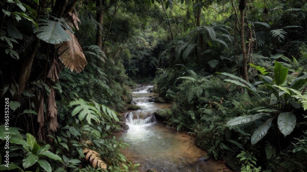 Obraz premium Tropical rainforest stream flowing through dense jungle vegetation